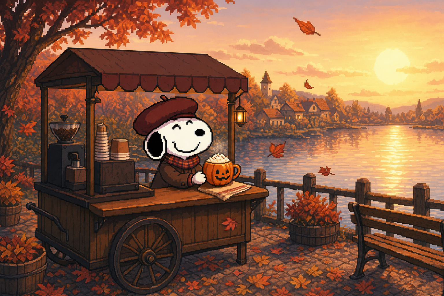 Snoffee behind a wooden coffee cart beside the lake at sunset